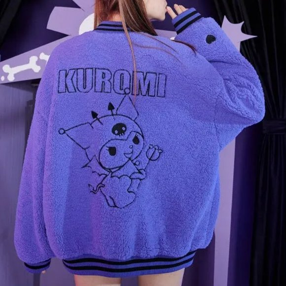 Jackets & Blazers - Kuromi Embroidery Fleece Jacket | Women Lolita Kawaii Jacket Sweater Outwear